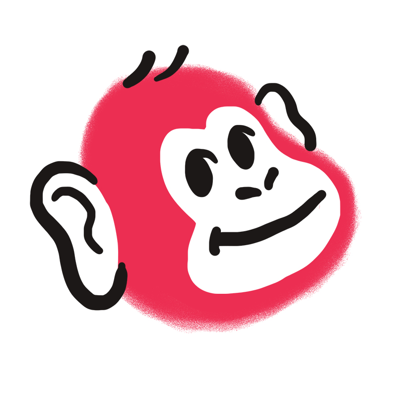 Eine einfache Zeichnung im Cartoon-Stil eines lächelnden roten Affengesichts mit übertriebenen Ohren wird gezeigt - perfekt für die Illustration des Affen-Traumsymbols oder der Traumdeutung Affe auf weißem Hintergrund.