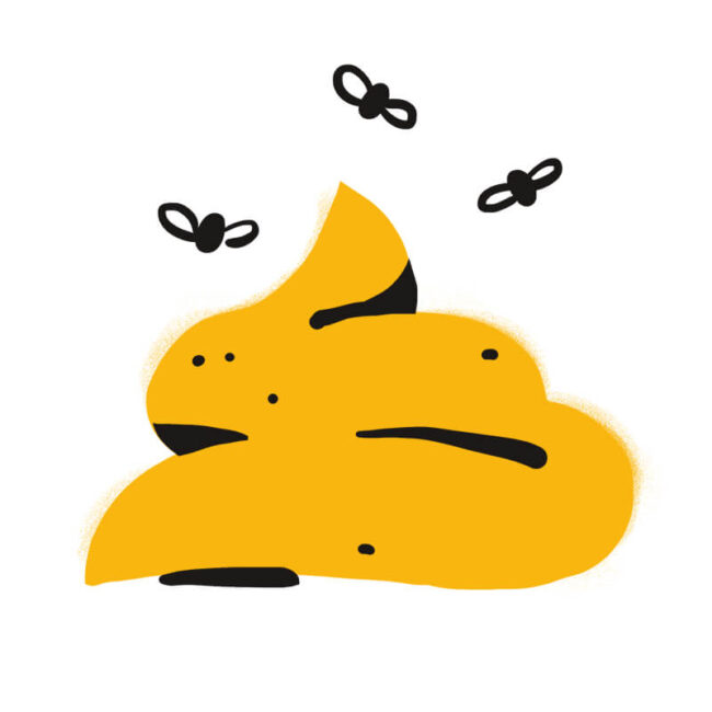 Eine einfache Cartoon-Zeichnung eines gelblichen Kothaufens mit drei schwarzen Fliegen, die auf weißem Hintergrund um ihn herumschwirren, erinnert an Bilder, die man manchmal in Traumdeutung Hund sieht.