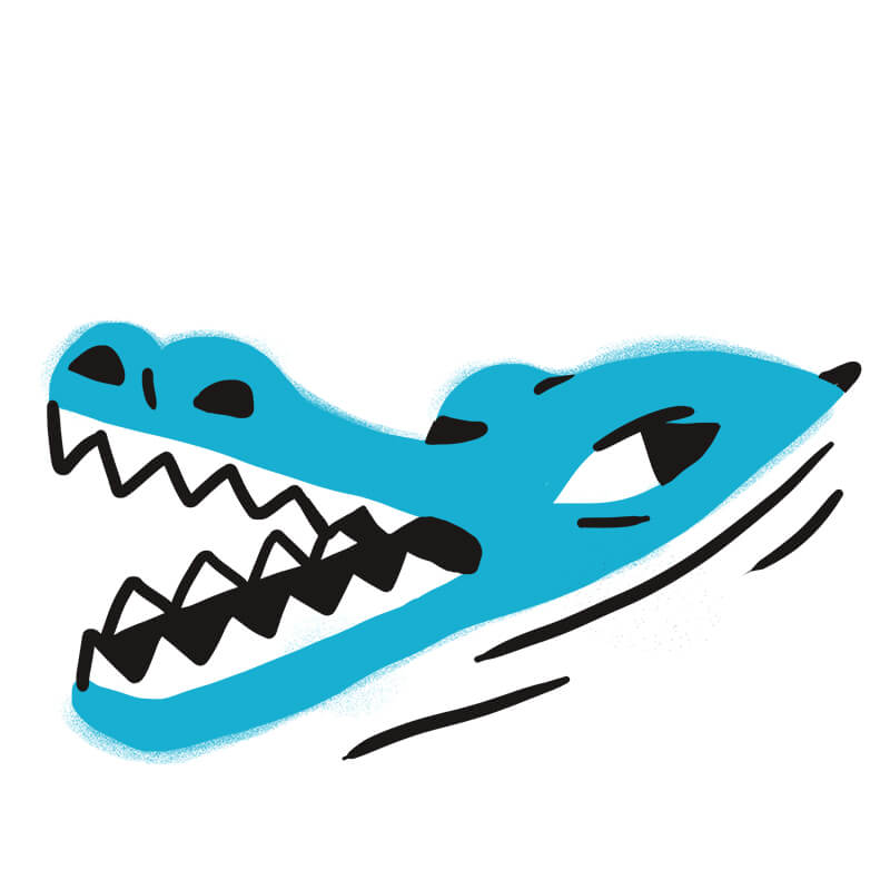 Einfache Cartoon-Illustration eines blauen Krokodilkopfes mit scharfen weißen Zähnen und schwarzen Umrissen, ähnlich wie in Traumdeutung Hund, mit geöffnetem Maul, nach rechts gerichtet, vor weißem Hintergrund.