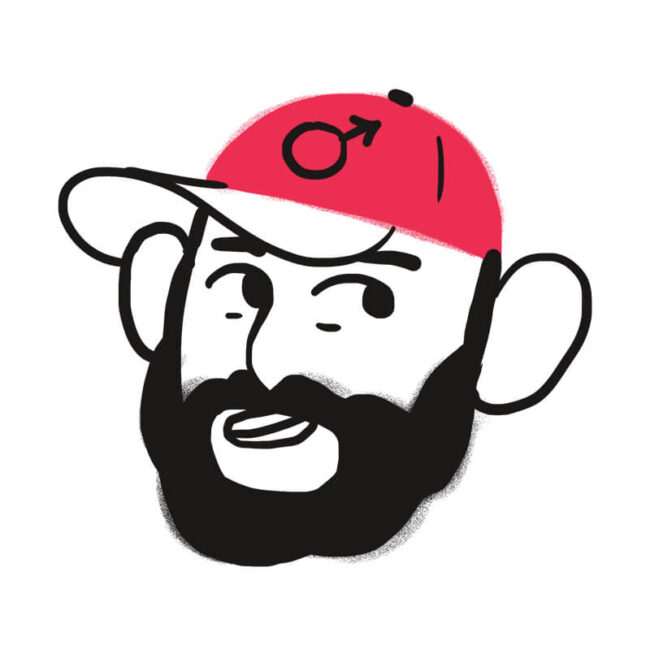 Eine Zeichnung im Cartoon-Stil eines bärtigen Mannes, der eine rote Mütze mit dem Symbol des männlichen Geschlechts trägt und mit einer hochgezogenen Augenbraue lächelt, neben einem freundlichen Hund, inspiriert von Traumdeutungsthemen.