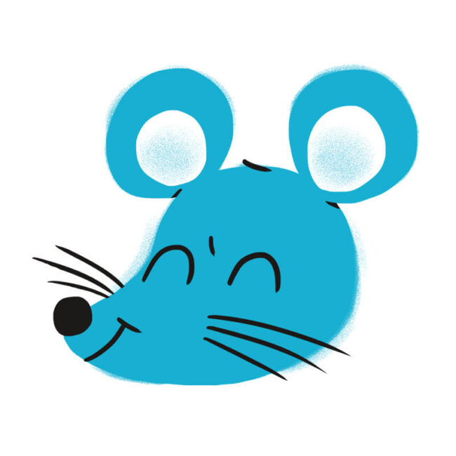 Eine einfache, cartoonartige Zeichnung eines blauen Mauskopfes, der mit geschlossenen Augen, großen runden Ohren, einer schwarzen Nase und langen schwarzen Schnurrhaaren auf weißem Hintergrund lächelt - perfekt zur Illustration von Traumdeutung oder spielerischer Trauminterpretation.