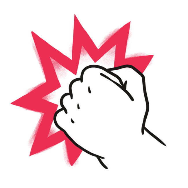 Eine Cartoon-Faust stößt nach vorne und symbolisiert einen Aufprall - ähnlich wie Traumsymbole Hund in Traumdeutung Hund, die für starke Emotionen oder Instinkte stehen.