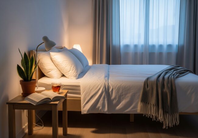 Ein gemütliches Schlafzimmer mit einem ordentlich gemachten Bett, weißer Bettwäsche und einer grauen Überwurfdecke fördert die Schlafhygiene. Auf dem Nachttisch stehen eine Topfpflanze, ein offenes Buch und ein Tee. Die warme Beleuchtung schafft eine ruhige, einladende Atmosphäre.