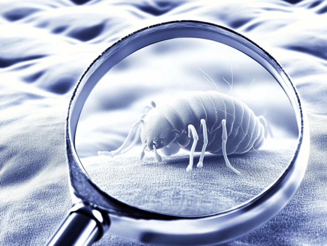 Eine Lupe zeigt eine detaillierte, vergrößerte Ansicht einer Hausstaubmilbe, die auf einer Matratze sitzt.