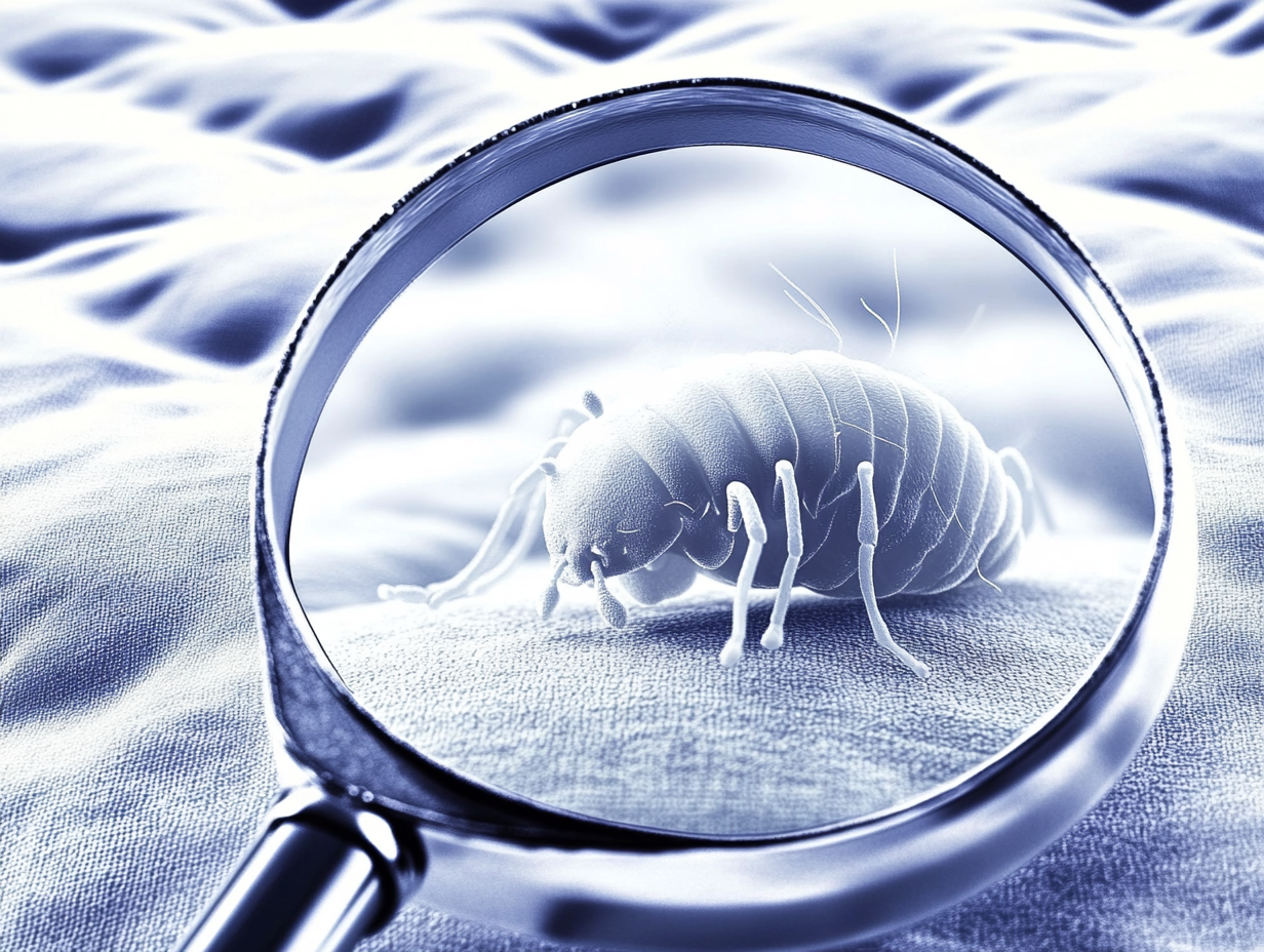 Eine Lupe zeigt eine detaillierte, vergrößerte Ansicht einer Hausstaubmilbe, die auf einer Matratze sitzt.