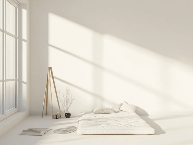 Ein helles, minimalistisches Zimmer mit einer Matratze auf dem Boden ohne Bettgestell, zwei Kissen, einer Decke, einer Vase mit getrockneten Zweigen und einem Holzständer neben großen Fenstern. Sonnenlicht strömt herein und wirft Schatten auf die weißen Wände.