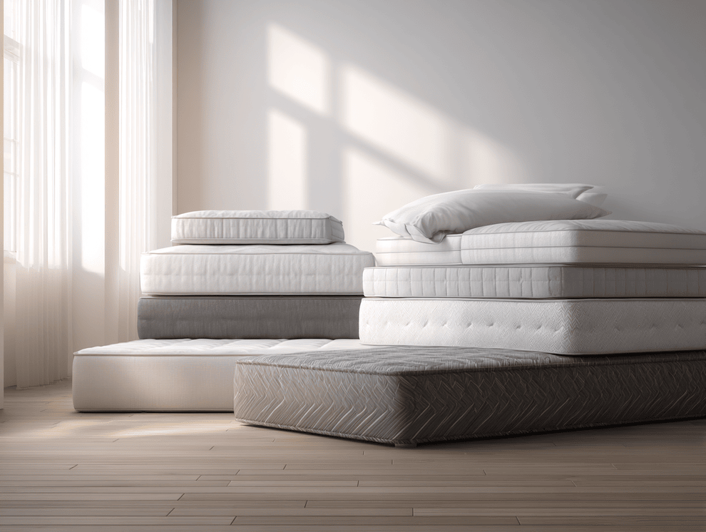 Ein minimalistisches Zimmer mit mehreren gestapelten Matratzen in verschiedenen Matratzengrößen und Kissen in neutralen Tönen, Sonnenlicht, das durch durchsichtige Vorhänge auf einen Holzboden fällt.