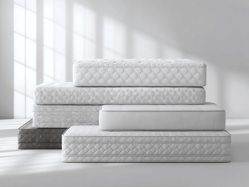 Ein Stapel von fünf Matratzen in verschiedenen Weiß- und Grautönen - jede zeigt eine andere Matratzenart - ist in einem hellen Raum mit großen Fenstern angeordnet und wirft weiche Schatten auf den Boden.