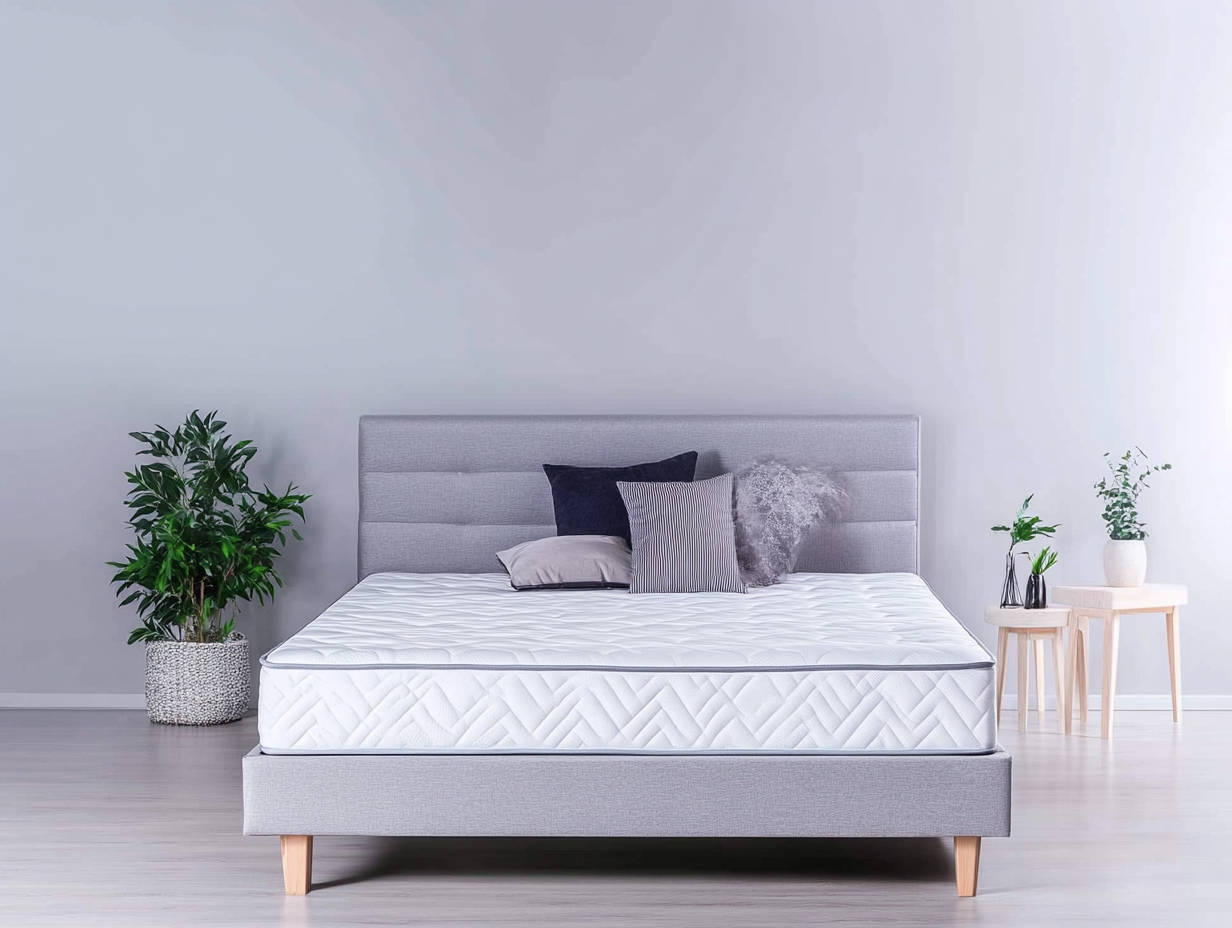 Ein modernes Schlafzimmer mit einem grauen Polsterbett, ordentlich angeordneten Kissen, einer weißen Matratze und zwei kleinen Beistelltischen mit Topfpflanzen, die zeigen, wie man eine gute Matratze erkennt - alles vor einer hellgrauen Wand.