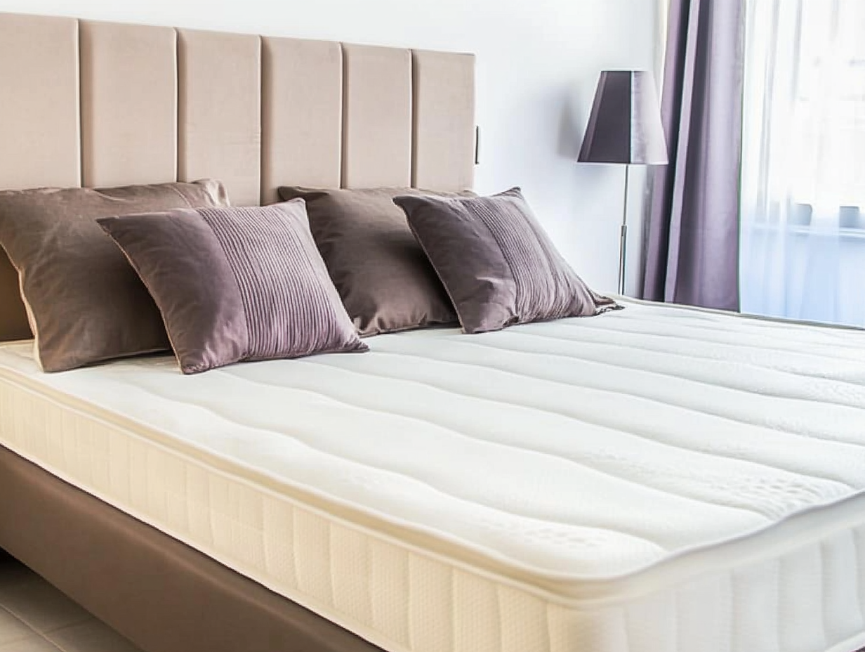 Ein ordentlich gemachtes Bett mit einem hellbeigen gepolsterten Kopfteil, vier braune Kissen, eine weiße Matratze zum Wechseln und eine Stehlampe neben einem Fenster mit durchsichtigen Vorhängen. Das Zimmer hat ein modernes, minimalistisches Design.