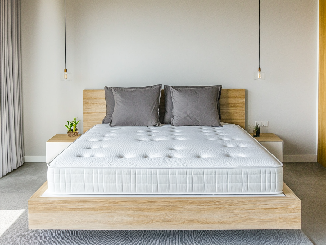 Ein modernes Schlafzimmer mit einem hölzernen Bettgestell, zwei grauen Kissen, einer weißen Matratze - ideal für alle, die Matratze kaufen wollen - und zwei kleinen Pflanzen auf Nachttischen, mit minimalistischem Dekor und Pendelleuchten an beiden Seiten.