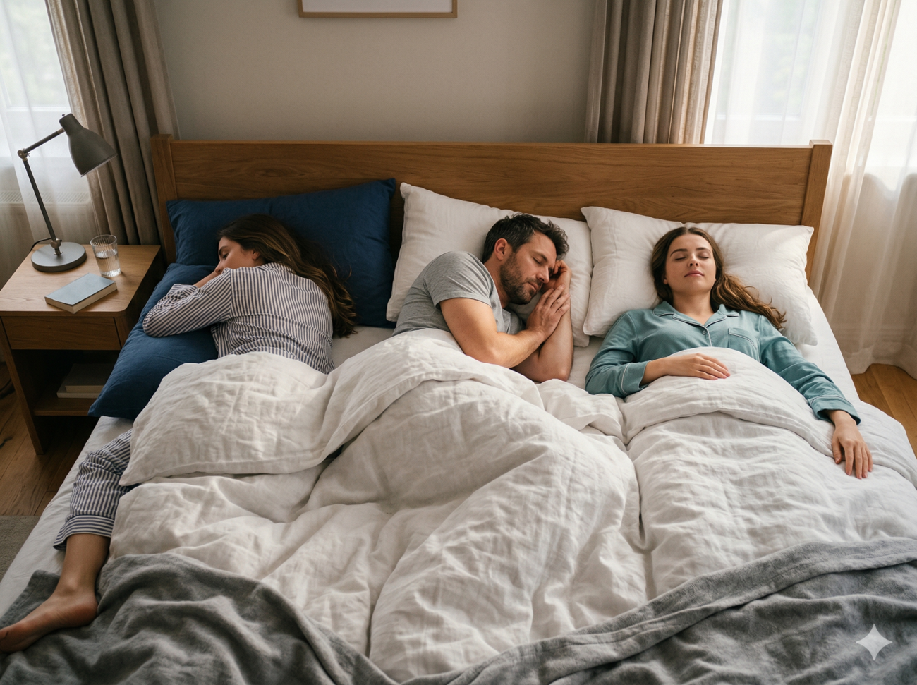Drei Erwachsene liegen nebeneinander im Bett unter einer weißen Bettdecke, jeder in einer entspannten Schlafposition. Der sanft beleuchtete Raum ist in natürliches Licht getaucht, das durch zwei Fenster hinter dem Bett fällt.