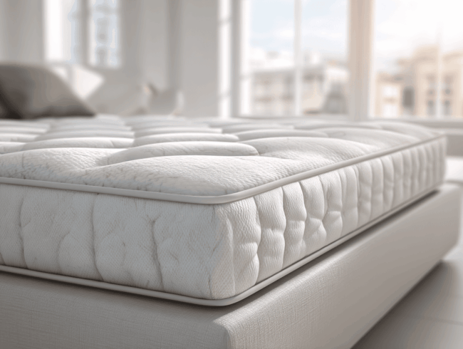 Eine Nahaufnahme einer dicken, weißen Tonnentaschenfederkernmatratze auf einem hellen Bettgestell in einem hellen, sonnenbeschienenen Schlafzimmer mit großen Fenstern im Hintergrund.