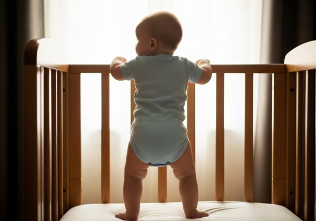 Ein Baby in einem hellblauen Strampelanzug hält sich an den Holzstäben eines Kinderbettes mit einer Babymatratze mit Trittkante fest und blickt auf ein helles Fenster, dessen durchsichtige Vorhänge sanftes Tageslicht hereinlassen.