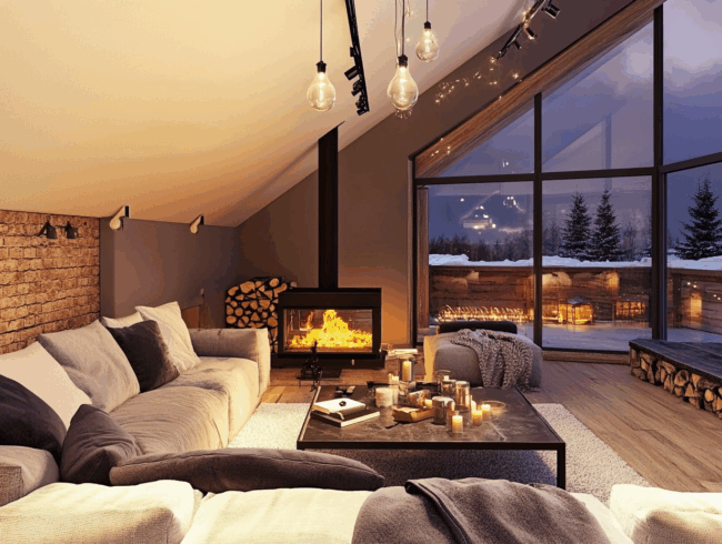 Ein gemütliches, modernes Wohnzimmer mit einer schrägen Decke, großen Fenstern, die eine verschneite Landschaft zeigen, und hyggeligen Elementen wie Kerzen auf dem Couchtisch, weichen Sofas, einem Kamin, gestapeltem Brennholz und einer warmen, einladenden Beleuchtung, die den Raum erfüllt.