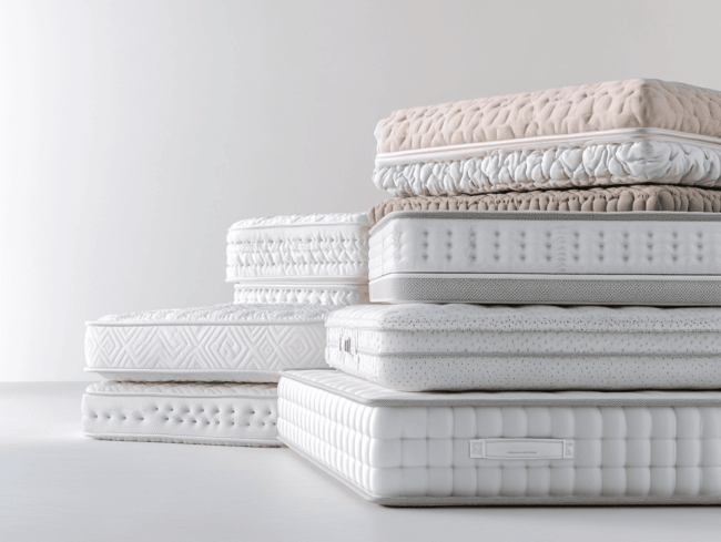 Ein Stapel von sechs ordentlich angeordneten Matratzen in neutralen Weiß- und Beigetönen, jede mit unterschiedlichen Härtegraden und Strukturmustern, vor einem schlichten hellen Hintergrund.