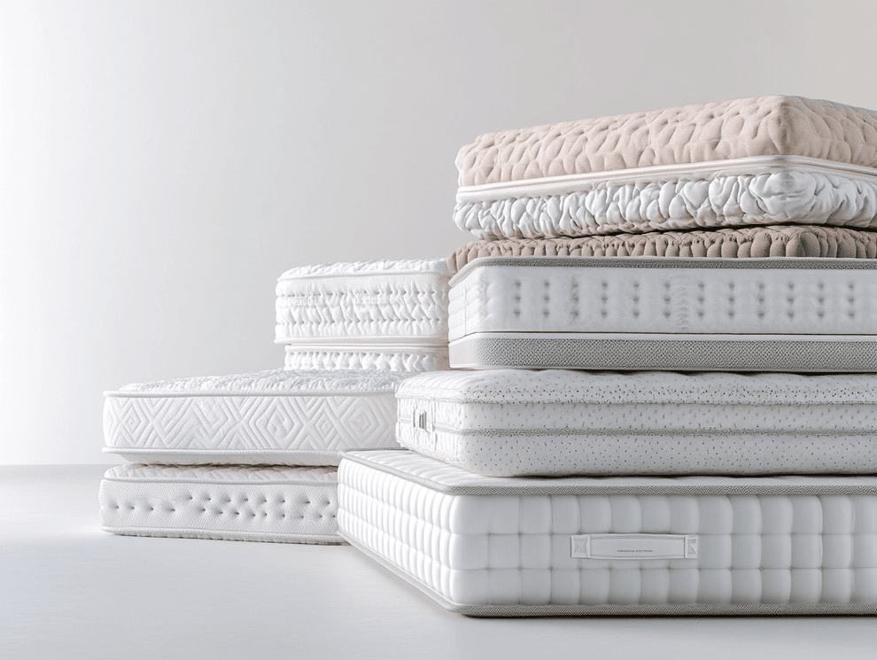 Ein Stapel von sechs ordentlich angeordneten Matratzen in neutralen Weiß- und Beigetönen, jede mit unterschiedlichen Härtegraden und Strukturmustern, vor einem schlichten hellen Hintergrund.