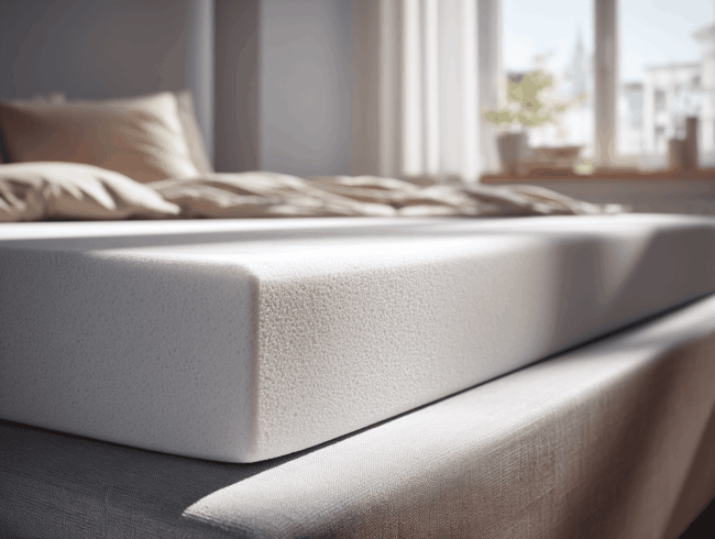 Eine Nahaufnahme eines weißen Viskoschaummatratzen-Toppers auf einem ordentlich gemachten Bett in einem sanft beleuchteten Schlafzimmer mit großen Fenstern, neutraler Bettwäsche und einer Topfpflanze auf der Fensterbank im Hintergrund.