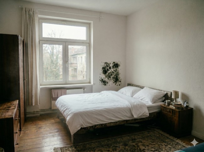 Ein aufgeräumtes Schlafzimmer mit einem Doppelbett mit weißem Bettzeug, Holzmöbeln und einer Topfpflanze auf dem Nachttisch. Große Fenster lassen natürliches Licht herein - ideal für die Beseitigung von Schimmel im Schlafzimmer und zur Vermeidung seiner Ursachen.