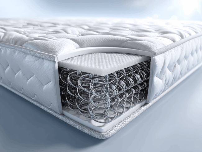 Eine Nahaufnahme einer Bonellfederkernmatratze mit einem Ausschnitt, der die inneren Metallspiralen und Polsterschichten zeigt und die Struktur und Materialien der Matratze hervorhebt. Der Hintergrund ist sanft verschwommen und vermittelt eine leichte, luftige Atmosphäre.