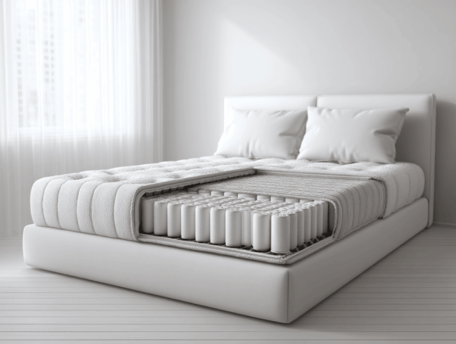 Ein modernes weißes Bett mit zwei Kissen, das mit einem Ausschnitt gezeigt wird, der die innere federkernmatratzen-Schraubenfederstruktur der Matratze in einem hellen, minimalistischen Schlafzimmer offenbart.