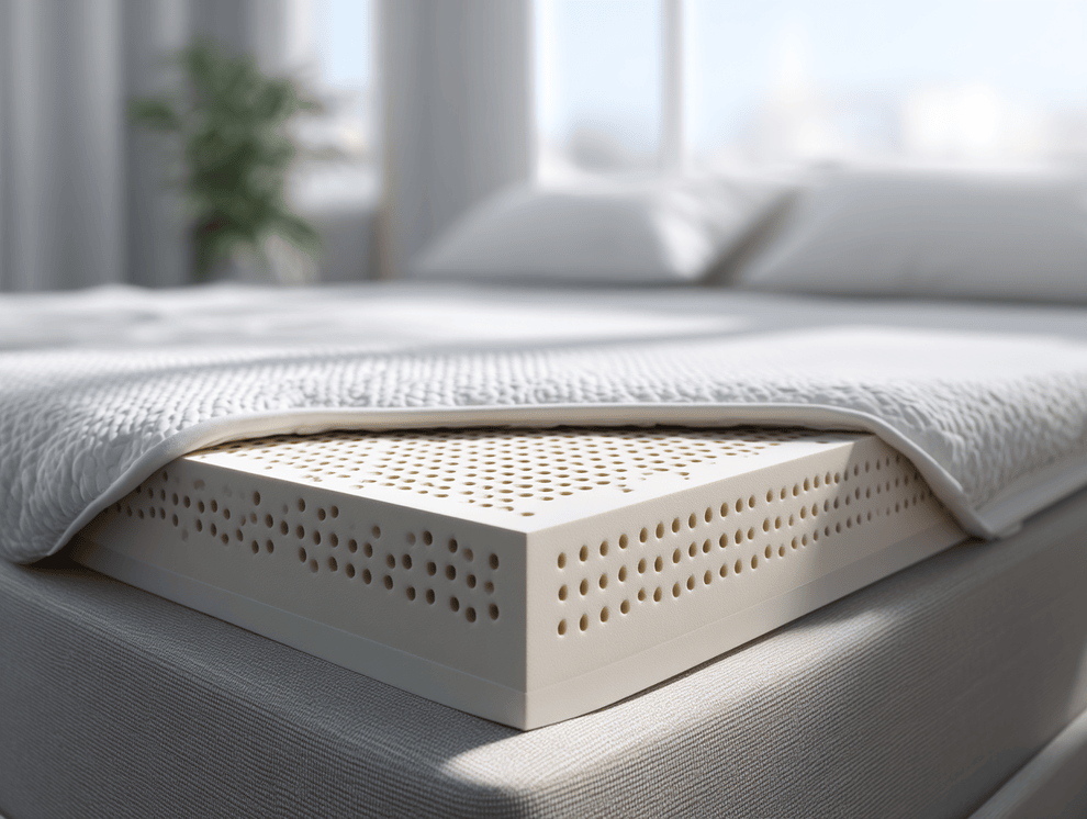 Eine Nahaufnahme eines Bettes mit einer weißen Matratze und einem teilweise angehobenen Laken offenbart eine belüftete, perforierte Latexmatratze darunter in einem hellen, modernen Schlafzimmer.