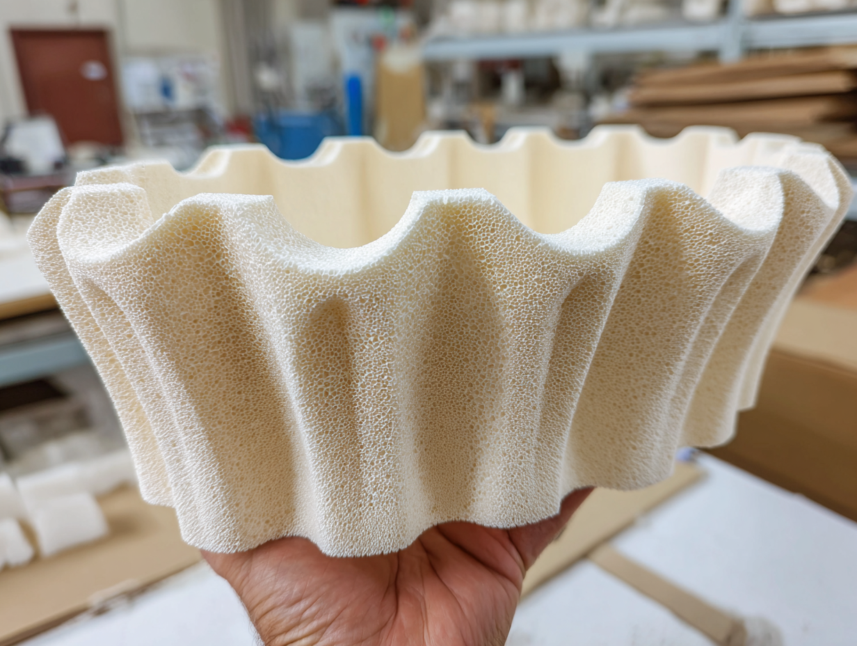 Eine Person hält ein großes, beigefarbenes, wellenförmiges, strukturiertes Objekt, das einer Krone oder einem Zahnrad ähnelt; im unscharfen Hintergrund sind Industrieregale und Geräte zu sehen.