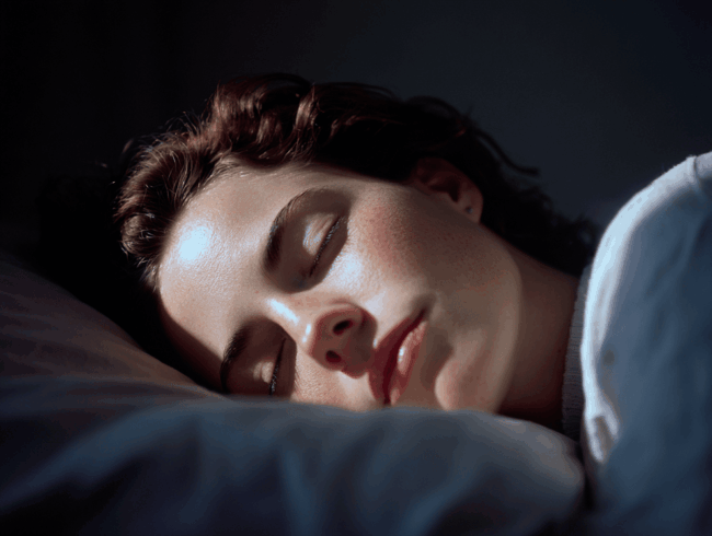 Eine Person mit kurzen braunen Haaren schläft friedlich auf einem weißen Kissen, das in weiches, natürliches Licht getaucht ist. Ihr Gesicht wirkt entspannt und gelassen, teilweise von einer weißen Decke bedeckt, während sanfte Träume durch ihren Geist wandern.