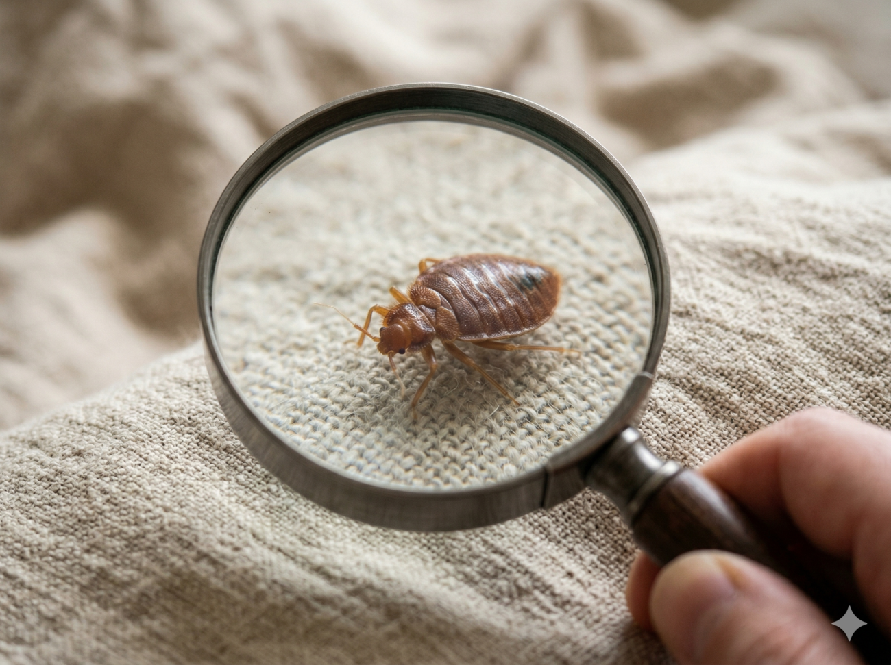 Eine Hand hält ein Vergrößerungsglas über eine Wanze auf einer hellen Stoffoberfläche und vergrößert die Details des Insekts vor dem strukturierten Hintergrund.