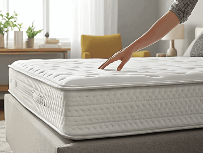 Eine Person drückt ihre Hand sanft auf eine dicke, weiße Matratze mit gesteppter Oberfläche und testet ihre Weichheit und Formstabilität. Die Matratze ruht auf einem Bettgestell in einem hellen, modernen Schlafzimmer mit einem gelben Stuhl im Hintergrund.