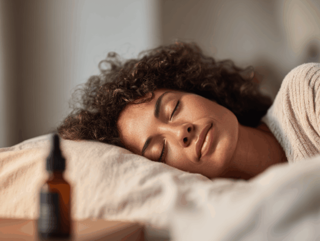 Eine Frau mit lockigem Haar schläft friedlich auf einem weißen Kissen, zugedeckt von einer Decke. Im unscharfen Vordergrund deutet eine kleine Braunglas-Tropfflasche mit Melatonin auf ihre erholsame Nacht hin.