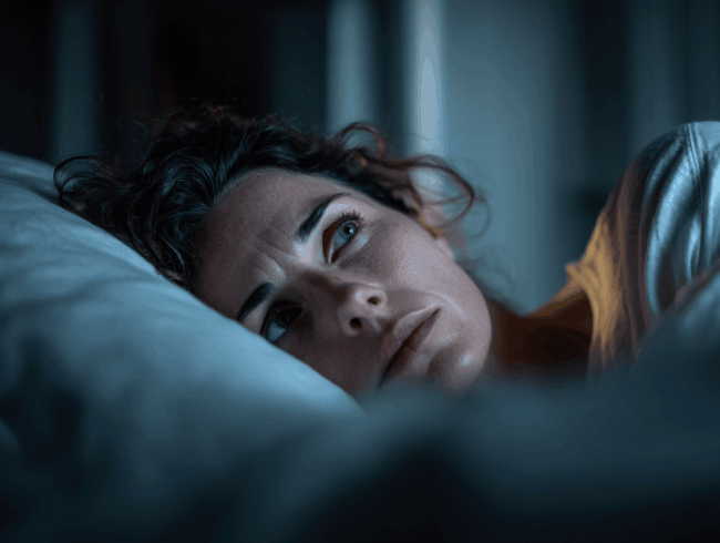 Eine Frau liegt nachts im Bett und stützt ihren Kopf auf ein Kissen. Sie sieht besorgt aus und kann nicht schlafen. Das gedämpfte blaue Licht hebt ihren ängstlichen Ausdruck hervor und fängt den Kampf mit den Schlafstörungen ein.