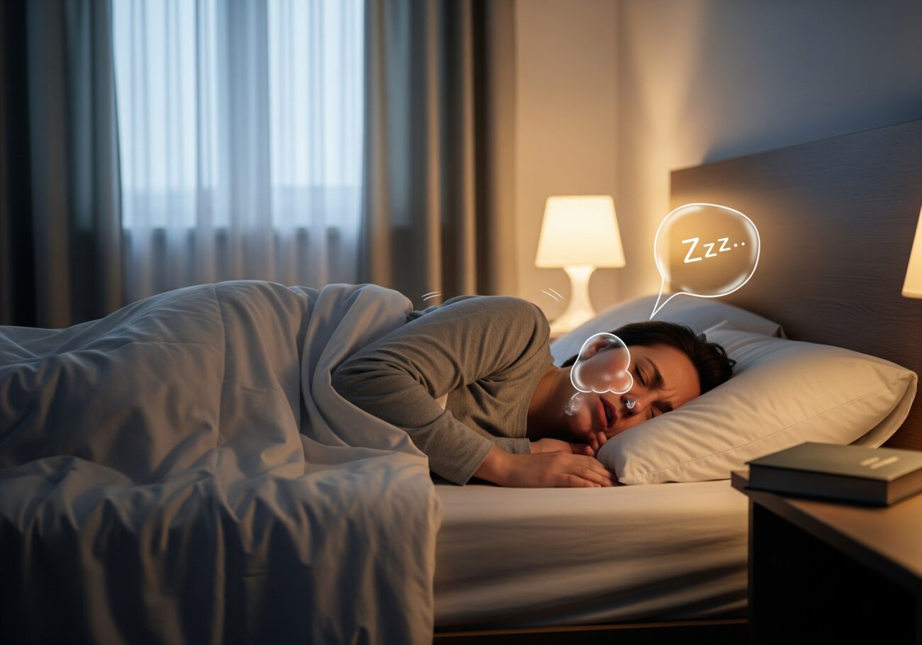 Eine Frau schläft auf der Seite in einem gemütlichen, schwach beleuchteten Schlafzimmer, zugedeckt mit einer weißen Decke. Über ihr erscheinen illustrierte Sprechblasen und eine Zzz... Sprechblase, die subtil auf Schnarchen hinweisen, während sie einen tiefen, erholsamen Schlaf genießt.