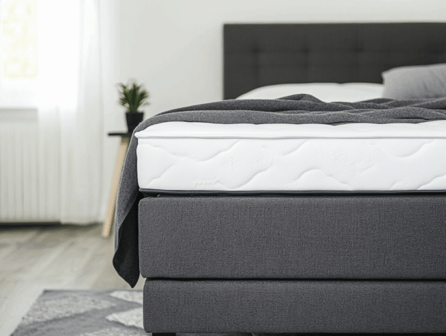 Nahaufnahme eines ordentlich gemachten Boxspringbetts mit weißer Matratze, dunkelgrauem Polsterboden, grauer Decke und einem unscharfen Hintergrund mit einem Nachttisch mit einer Topfpflanze und einem Fenster mit durchsichtigen Vorhängen.