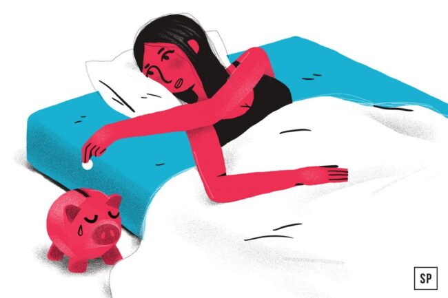 Eine Frau, die unter einer weißen Decke im Bett liegt, streckt die Hand aus, um eine Münze in ein traurig aussehendes rosafarbenes Sparschwein zu werfen, das unterstreicht, wie viel guter Schlaf wert ist. Die Szene ist in Rot-, Blau- und Weißtönen illustriert.
