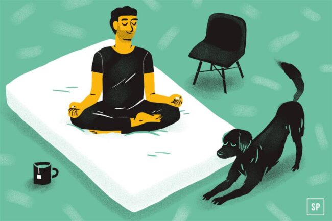 Eine Illustration einer Person, die im Schneidersitz auf einer Matratze meditiert, mit einem Hund, der sich in der Nähe streckt, einem schwarzen Stuhl und einer Tasse auf dem Boden - alles vor einem grünen Hintergrund, inspiriert von Yoga zum Einschlafen.
