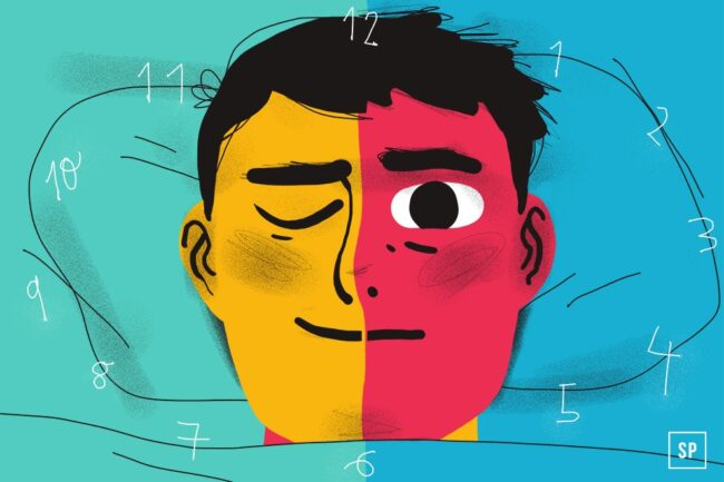 Illustration einer Person, die im Bett liegt und deren Gesicht in zwei Hälften geteilt ist: eine Seite gelb und schläfrig, die andere rot und hellwach. Zahlen wie eine Uhr umgeben den Kopf und symbolisieren, wie der Schlafrhythmus den Zeitablauf beeinflusst.