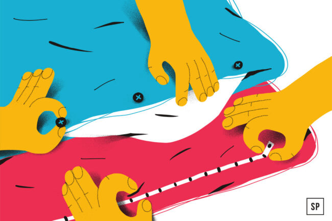 Drei gelbe Cartoon-Hände arbeiten zusammen und nähen bunte Bettwäsche mit Knöpfen und einem Maßband auf einem weißen Hintergrund. Das Bild ist lebendig und stilisiert und zeigt verschiedene Verschlussarten in dem verspielten Design.