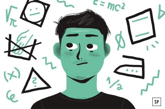 Eine grün gefärbte Person sieht verwirrt aus, umgeben von mathematischen Symbolen, Waschsymbolen, Gleichungen wie E = mc², einem Dreieck mit einem Fragezeichen, einer durchgestrichenen Hand und einem traurigen Gesicht, das Unsicherheit über Mathematik und Waschzeichen vermittelt.