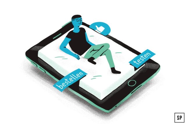 Eine Person liegt auf einer Matratze, die auf einem großen Smartphone-Bildschirm angezeigt wird, mit Schaltflächen, die mit "bestellen" und "testen" beschriftet sind und Matratzen online kaufen symbolisieren. Über ihnen erscheint ein Daumen-hoch-Symbol.