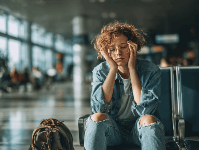 Eine Person mit lockigem Haar und Brille sitzt in einem Flughafenterminal, müde vom Jetlag, die Hände im Gesicht. Sie trägt eine Jeansjacke und zerrissene Jeans und hat einen Rucksack neben sich auf dem Boden liegen.