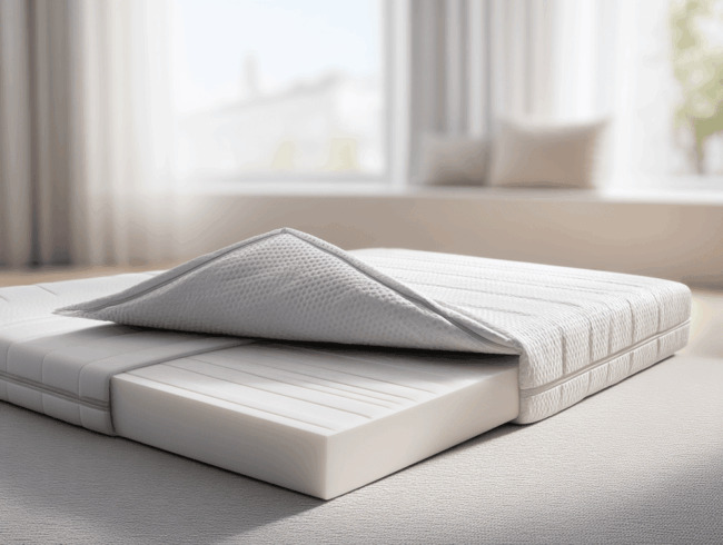 Eine Nahaufnahme einer modernen Kaltschaummatratze, deren oberste Schicht teilweise geöffnet ist, so dass Schaumstoffschichten im Inneren zum Vorschein kommen. Die Matratze liegt auf einem hellen Boden in einem hellen, sonnenbeschienenen Raum mit großen Fenstern und minimalem Dekor.