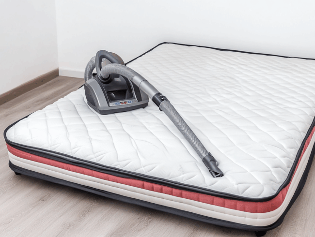Ein Staubsauger mit Schlauchaufsatz liegt auf einer weißen Matratze mit roter Umrandung, bereit zum Matratze absaugen, alles auf einem Holzboden in einem minimalistischen Raum.