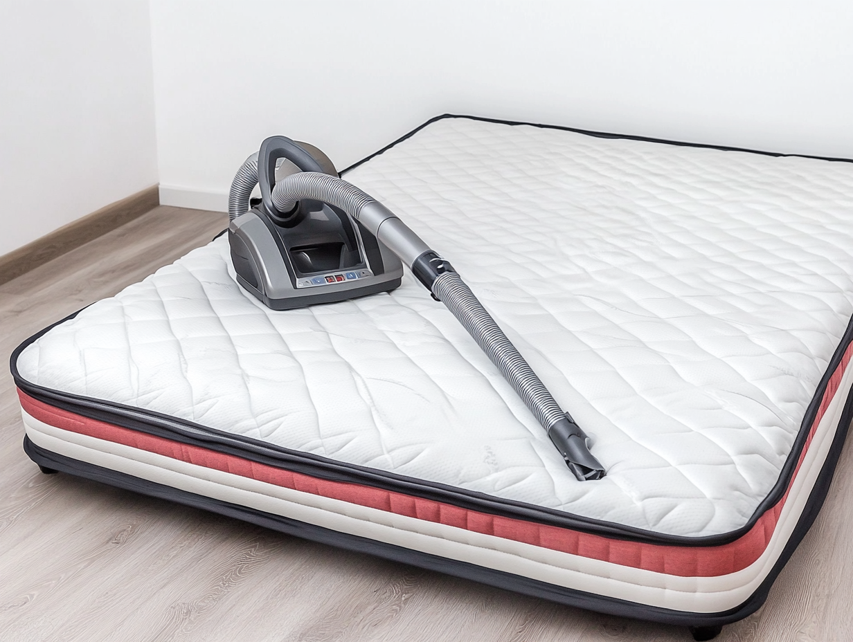 Ein Staubsauger mit Schlauchaufsatz liegt auf einer weißen Matratze mit roter Umrandung, bereit zum Matratze absaugen, alles auf einem Holzboden in einem minimalistischen Raum.