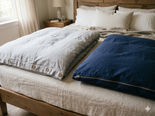Ein ordentlich gemachtes Bett mit einem hölzernen Kopfteil weist zwei Bettwäsche Verschlussarten auf: eine hellgraue Bettdecke mit Knöpfen auf der linken Seite und eine dunkelblaue mit einem Reißverschluss auf der rechten Seite. Im Hintergrund sind Kissen und ein Nachttisch zu sehen.