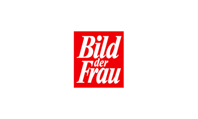 Rotes quadratisches Logo mit dem weißen Text "Bild der Frau" in fetter, kursiver Schrift auf schwarzem Hintergrund.