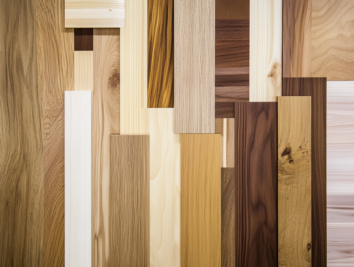 Eine Vielzahl von rechteckigen Holzplatten, die vertikal und überlappend angeordnet sind und verschiedene Holzarten, Farben und Maserungen zeigen. Die Farben reichen von hellbeige bis dunkelbraun.