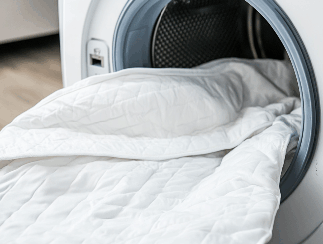 ein Matratzenbezug, liegt teilweise in der offenen Tür einer Frontlader-Waschmaschine, bereit, gewaschen zu werden.