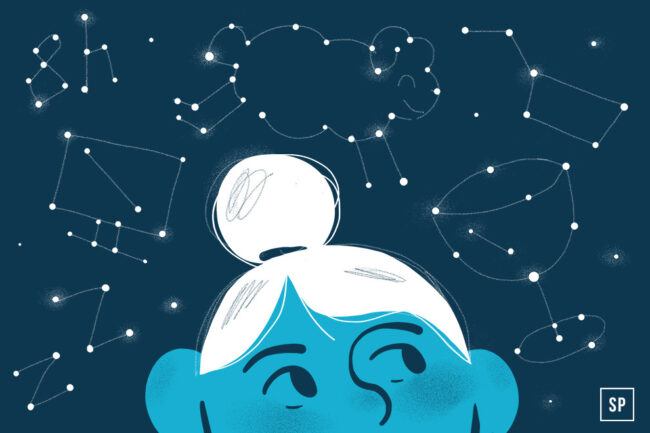 Eine blau getönte Illustration einer Person mit weißem Haar in einem Dutt, die nach oben blickt. Verschiedene Sternbilder, darunter eines in Form eines Schafs, sind in weißen Punkten und Linien dargestellt - eine verträumte Hommage an Schlafmythen vor einem dunkelblauen Sternenhimmel.