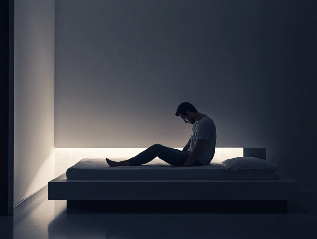 Ein Mann sitzt auf einem minimalistischen Bett in einem schwach beleuchteten, modernen Raum, beim schlafwandeln.